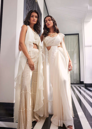 Charu & Vasundhara-Elara Ivory Pleated Sari Skirt With Jacket Set-INDIASPOPUP.COM