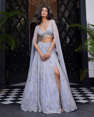 Charu & Vasundhara-Ella Powder Blue Lehenga With Draped Blouse-INDIASPOPUP.COM