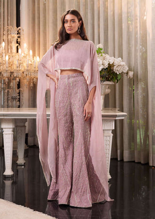 Charu & Vasundhara-Ena Lilac Pink Poncho With Flared Pants-INDIASPOPUP.COM