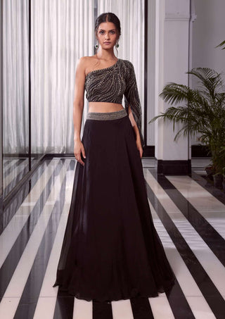 Charu & Vasundhara-Ella Black One-Shoulder Blouse With Skirt-INDIASPOPUP.COM