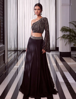 Charu & Vasundhara-Ella Black One-Shoulder Blouse With Skirt-INDIASPOPUP.COM