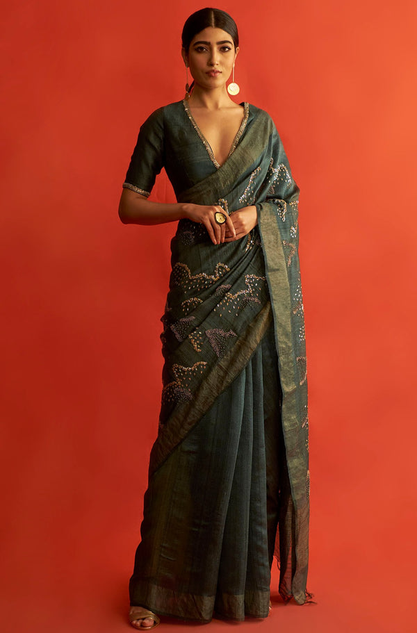 Emerald Green Embroidered Lehenga Sari Set | Ritika Mirchandani – KYNAH