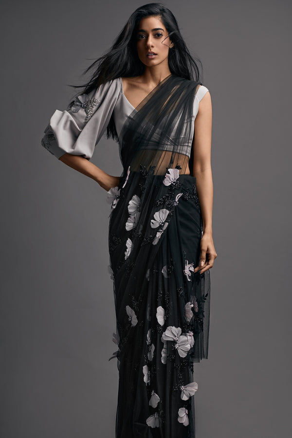 Black blouse, grey net sari – Sapana Amin