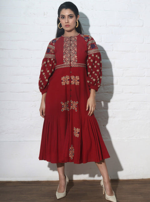 Chandrima-Red Kala Cotton Dress-INDIASPOPUP.COM