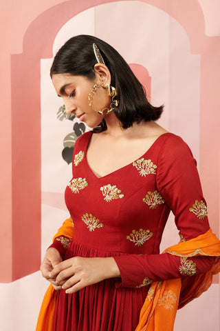 Ease-Red Embroidered Anarkali Set-INDIASPOPUP.COM