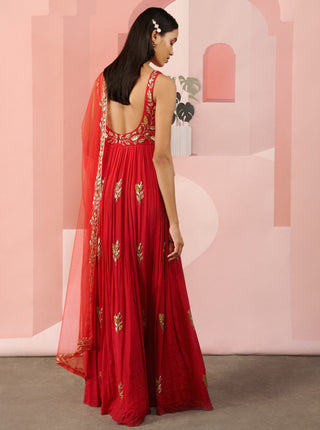 Ease-Red Embroidered Anarkali Set-INDIASPOPUP.COM