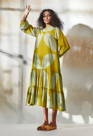 Kharakapas-Yellow Dyed Midi Dress-INDIASPOPUP.COM