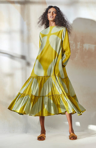 Kharakapas-Yellow Dyed Midi Dress-INDIASPOPUP.COM