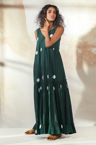 Kharakapas-Forest Green Dyed Tiered Maxi Dress-INDIASPOPUP.COM