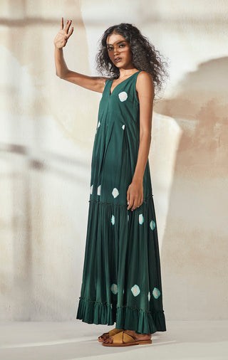 Kharakapas-Forest Green Dyed Tiered Maxi Dress-INDIASPOPUP.COM