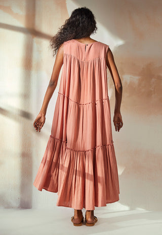Kharakapas-Rust Pink Tiered Dress-INDIASPOPUP.COM