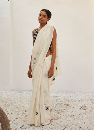 Kharakapas-Off-White Block Printed Sari With Blouse-INDIASPOPUP.COM