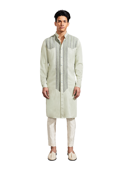 Kunal Rawal-Mint Yoke Chevron Highlighted Kurta-INDIASPOPUP.COM
