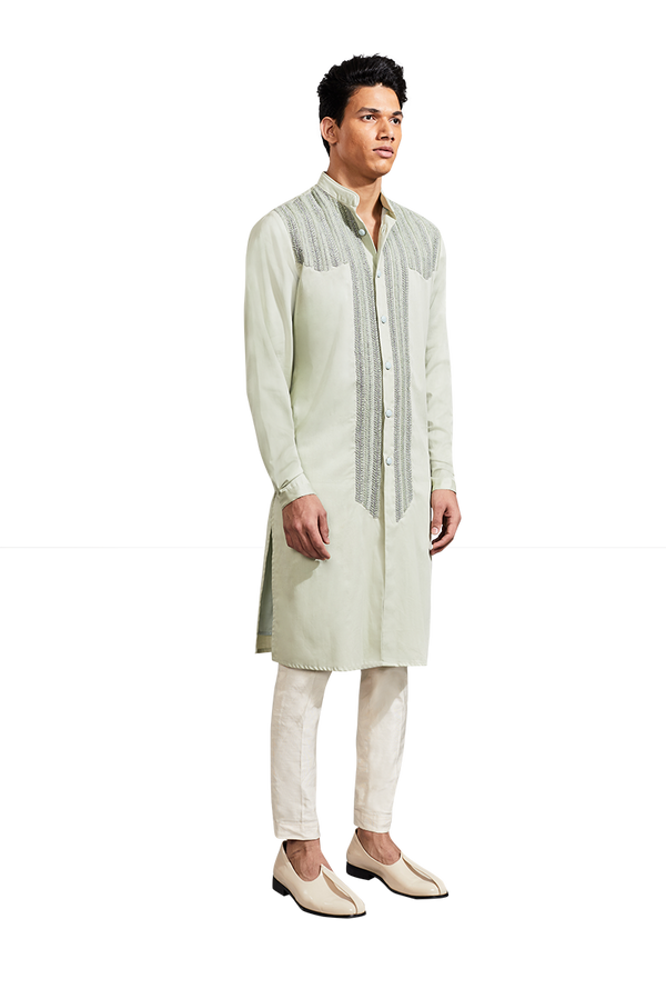 Kunal Rawal-Mint Yoke Chevron Highlighted Kurta-INDIASPOPUP.COM