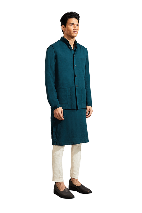 Kunal Rawal-Teal Plain Koti And Kurta-INDIASPOPUP.COM