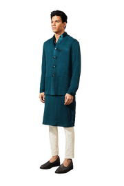 Kunal Rawal-Teal Plain Koti And Kurta-INDIASPOPUP.COM