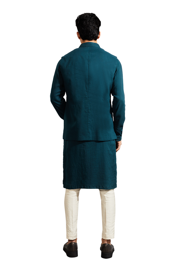 Kunal Rawal-Teal Plain Koti And Kurta-INDIASPOPUP.COM