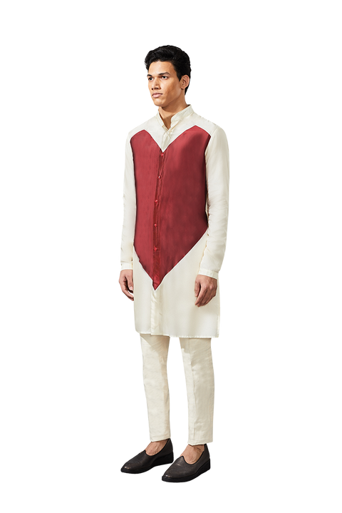 Kunal Rawal-Ivory & Red Broken Heart Patch Kurta-INDIASPOPUP.COM