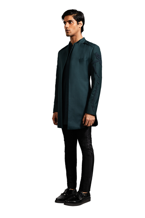 Kunal Rawal-Forest Green V Neck Kurta-INDIASPOPUP.COM