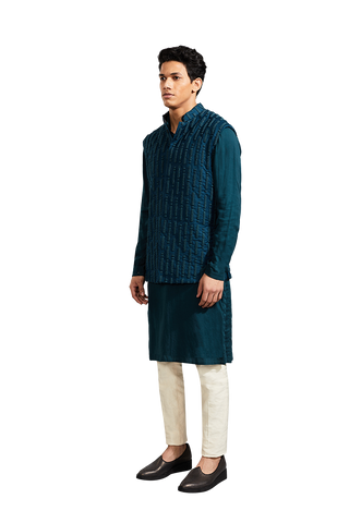 Kunal Rawal-Teal Morse Code Knotted Jacket-INDIASPOPUP.COM