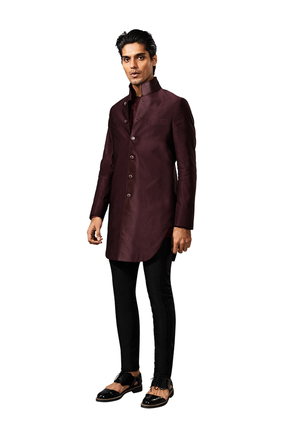 Kunal Rawal-Wine Corded High Collar Jacket-INDIASPOPUP.COM