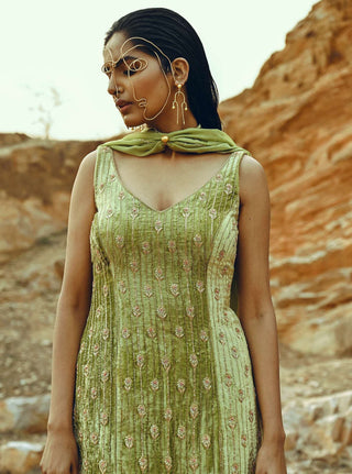 Ease-Pista Floral Embroidered Kurta Sharara Set-INDIASPOPUP.COM