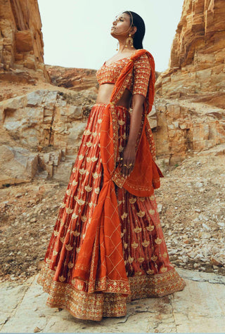 Ease-Rust Nakshi Embroidered Velvet Lehenga Set-INDIASPOPUP.COM