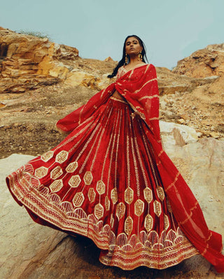 Ease-Red Velvet Embroidered Lehenga Set-INDIASPOPUP.COM