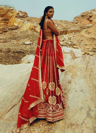 Ease-Red Velvet Embroidered Lehenga Set-INDIASPOPUP.COM