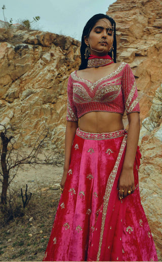 Ease-Pink Velvet Embroidered Lehenga Set-INDIASPOPUP.COM