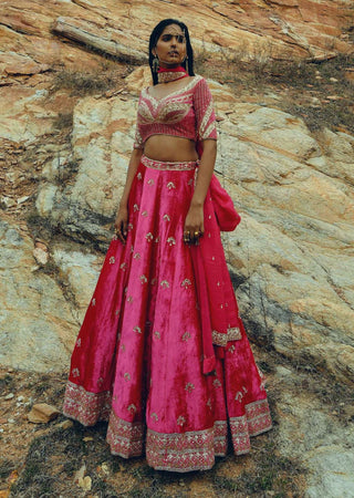 Ease-Pink Velvet Embroidered Lehenga Set-INDIASPOPUP.COM