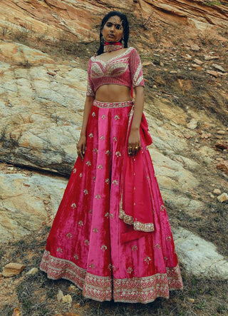 Ease-Pink Velvet Embroidered Lehenga Set-INDIASPOPUP.COM