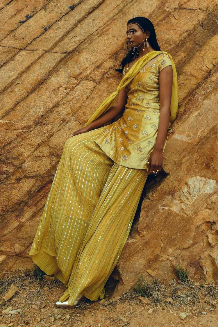 Yellow Embroidered Jacquard Straight Kurta with Printed Sharara and Dupatta Set