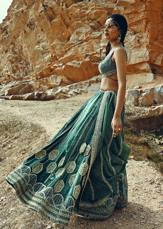 Ease-Turquoise Velvet Embroidered Lehenga Set-INDIASPOPUP.COM