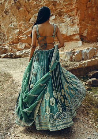 Ease-Turquoise Velvet Embroidered Lehenga Set-INDIASPOPUP.COM