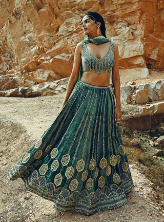 Ease-Turquoise Velvet Embroidered Lehenga Set-INDIASPOPUP.COM