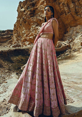 Ease-Baby Pink Floral Embroidered Lehenga Set-INDIASPOPUP.COM