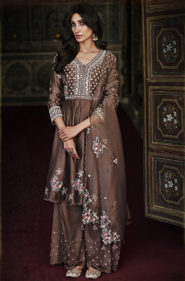 Matsya-Brown Silk Sharara Set-INDIASPOPUP.COM