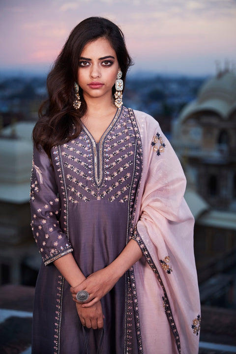 Matsya-Grey Chanderi Silk Kurta Set-INDIASPOPUP.COM