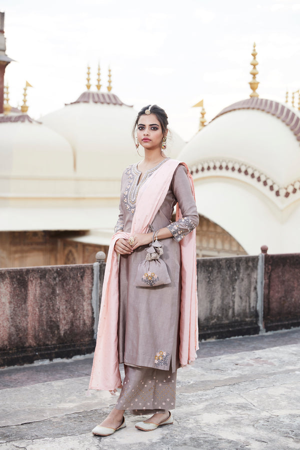 Matsya-Beige Chanderi Silk Kurta Set-INDIASPOPUP.COM