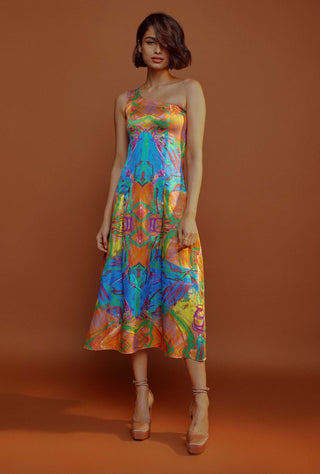 Advait-Multicolor Mural One Shoulder Dress-INDIASPOPUP.COM