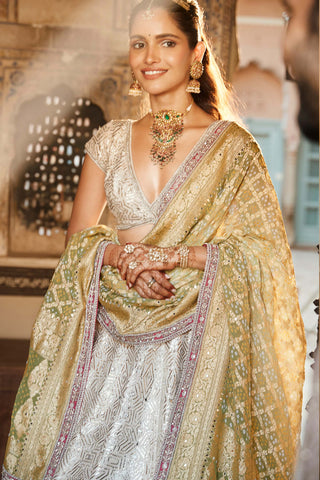 Matsya-Ivory Rambagh Silk Suchhi Lehenga Set-INDIASPOPUP.COM