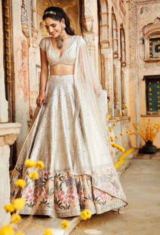 Matsya-Ivory Rambagh Silk Suchhi Lehenga Set-INDIASPOPUP.COM