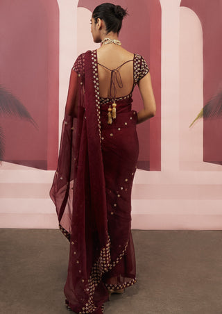 Ease-Maroon Organza Sari Set-INDIASPOPUP.COM