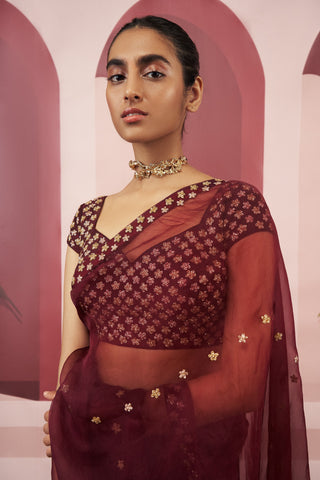 Ease-Maroon Organza Sari Set-INDIASPOPUP.COM