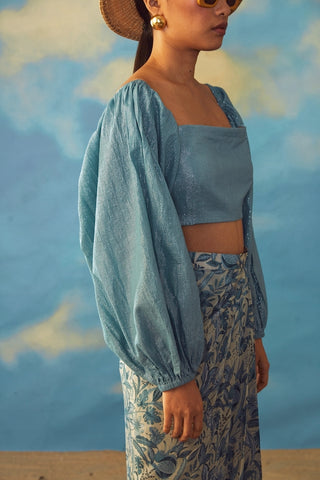 Rishi & Vibhuti-Turquoise Bloom Blouse With Skirt-INDIASPOPUP.COM