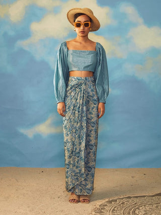 Rishi & Vibhuti-Turquoise Bloom Blouse With Skirt-INDIASPOPUP.COM