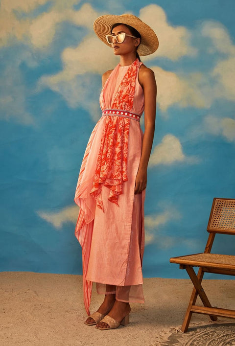 Rishi & Vibhuti-Coral Blaze Halter Tunic With Drape-INDIASPOPUP.COM
