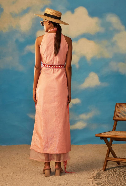 Rishi & Vibhuti-Coral Blaze Halter Tunic With Drape-INDIASPOPUP.COM
