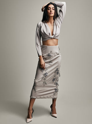 Esha Sethi Thirani-Warm Grey Crop Top With Skirt-INDIASPOPUP.COM